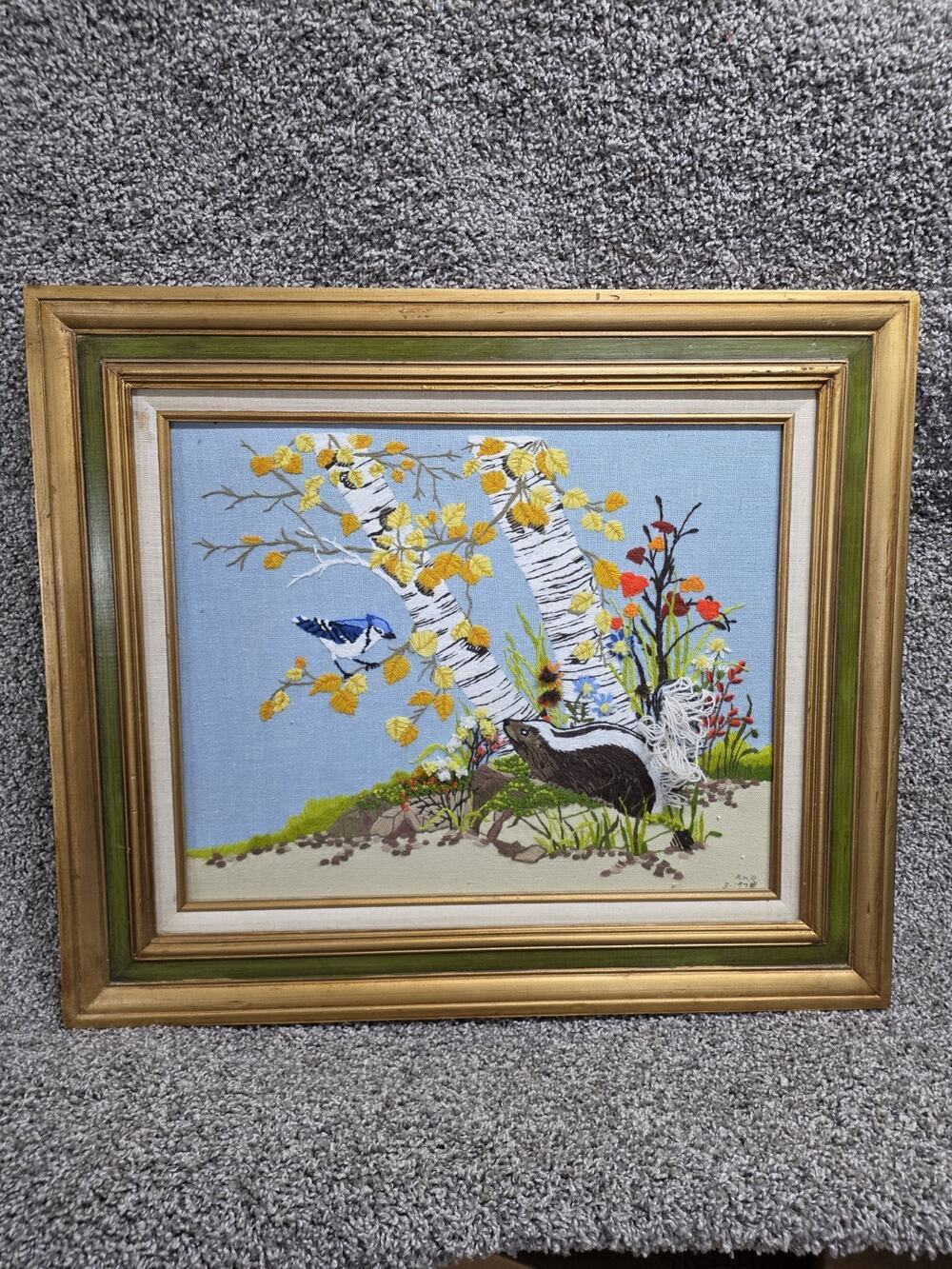 Rare Georgia Ball Forest Friends Crewel Embroidery Kit Skunk BlueJay 16x20 1978